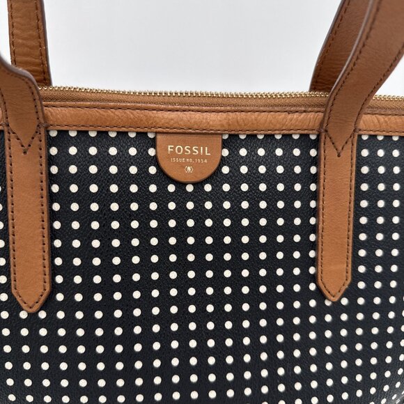 Fossil Sydney Black & White Polka Dot Tote Bag Vinyl Leather Straps Trim Zip top - Picture 3 of 10